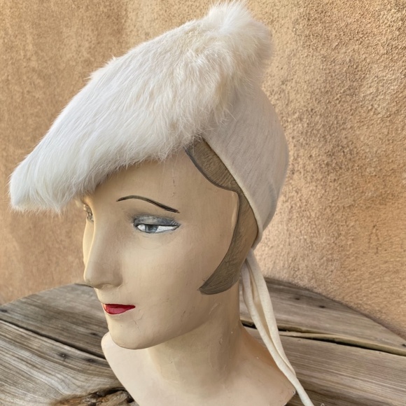 VTG 1940s Off White Wool Rabbit Fur Turban Platter Hat OS - Picture 2 of 10